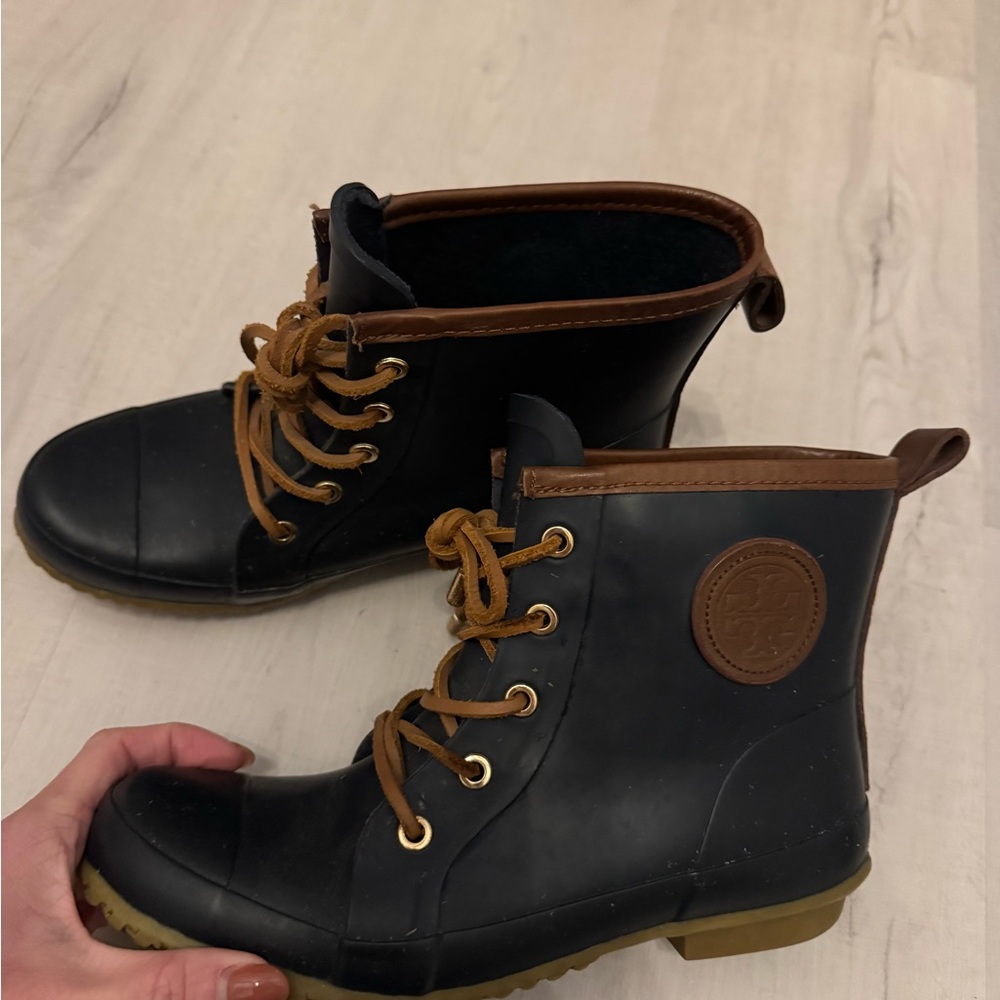 Tory Burch Navy and Brown‎ Lace-Up Ankle Rainboots